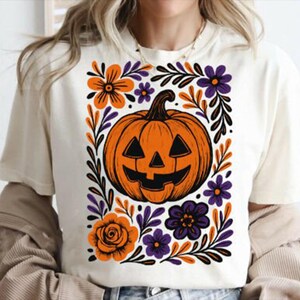 Pumpkin Floral Halloween PNG | Fall Jack O’Lantern Sublimation | Vintage Autumn Pumpkin Shirt Design | Cute Halloween Clipart Download
