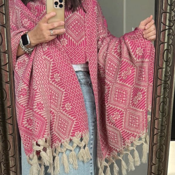 Mexican Rebozo Shawl Pink & Khaki – Handwoven Artisan Wrap – Authentic Mexican Scarf from Puebla