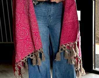 Rebozo mexicano rosa y caqui – Paño artesanal tejido a mano – Auténtica bufanda mexicana de Puebla con panel frontal (pechera)