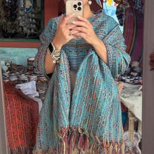 Châle Rebozo Mexicain – Bleu Cobalt Et Beige, Franges – Neuf Sans étiquette
