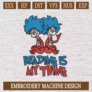 Reading Is My Thing Embroidery / Dr. Seuss Inspirierte Stickdatei, Lustiger Comic Charakter Stich, Katze mit Hut