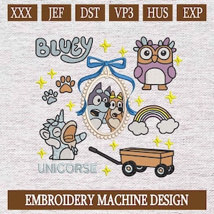 bluey unicorse embroidery /  cartoon dog machine embroidery, Bluey and Bingo balloons pattern, kids shirt embroidery, digital file
