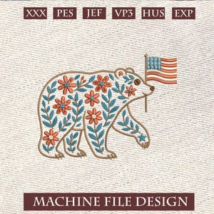 Floral Bear Embroidery Design, Patriotic USA Flag Bear Machine File, 4th of July Boho Stitch Design, Digital Download for Embroidery