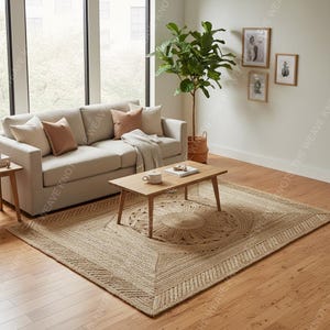 Beige braided jute medallion rug under coffee table sofa in plant-filled living room with hardwood floors.