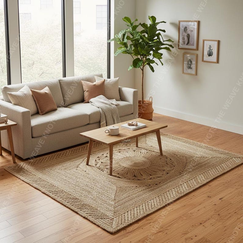 Beige braided jute medallion rug under coffee table sofa in plant-filled living room with hardwood floors.