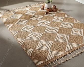 Dywan z juty tkany ręcznie w diamenty – dywan w stylu boho z naturalnego włókna