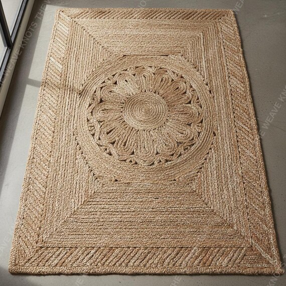 Handmade Jute Rug: Floral Design, Geometric Border, Natural Fiber Area Carpet