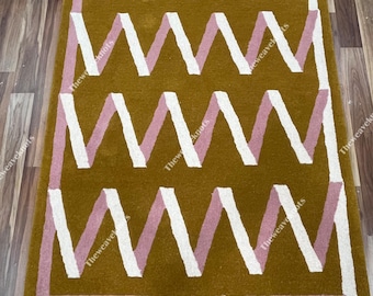Hand Tufted Wool Area Rug: Mustard, Pink & White Wavy Stripe
