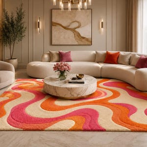 Hand Tufted Retro Abstract Area Rug, Pink Orange Wavy Carpet, Mid Century Modern Tufted Rug, Funky Boho Home Decor