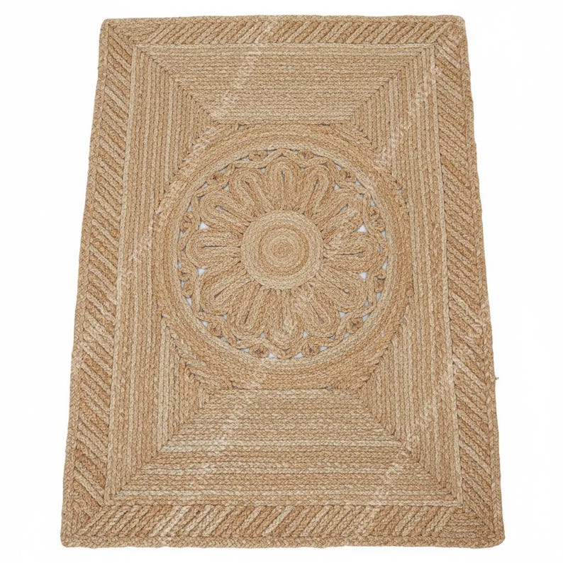 Vertical view handmade braided jute rug with diamond frame natural beige tones, eco area rug detail.