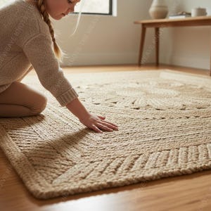 Little girl touching soft braided jute rug beside bench in sunlit room, natural fiber boho decor.