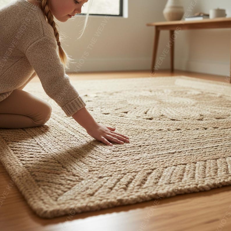 Little girl touching soft braided jute rug beside bench in sunlit room, natural fiber boho decor.