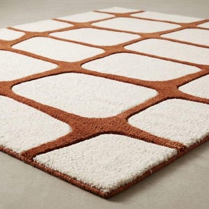 Handmade Wool Modern Grid Rug, Cream Rust Geometric Pattern Contemporary Area Carpet for Living Room Decor