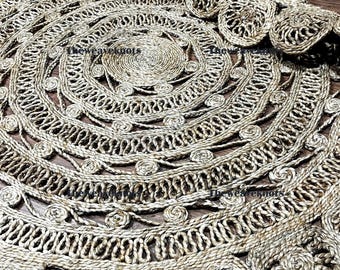 Ręcznie tkany dywan jutowy: dywan w kształcie okręgu z naturalnego włókna w stylu boho flare – ekologiczny wystrój rustykalny