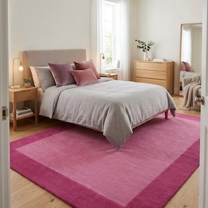 Hand Tufted Wool Rug, Blush Pink Raspberry Border, Modern Minimalist Carpet