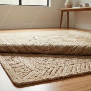 Folded braided jute rug on wood floor showing thick weave texture and medallion pattern close-up