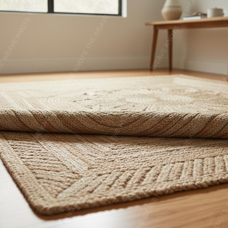 Folded braided jute rug on wood floor showing thick weave texture and medallion pattern close-up