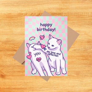 Funny Cat Birthday Card – Cute Meme Cat Greeting Card with Love and Affection – Kawaii Aesthetic Pastel Pink Cat Lover Gift