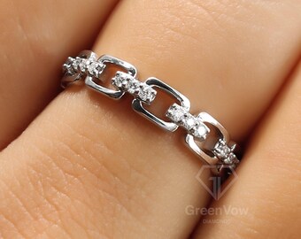Moissanite Chain Link Ring, Sterling Silver Pave Eternity Band