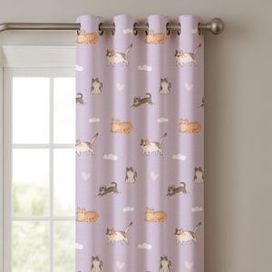 Pastel Purple Cat Curtain - Cute Cat Window Panel for Kids Room
