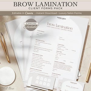 Könnte beinhalten: Ein Set mit Kundenformularen für Augenbrauenlaminierung mit neun Vorlagen, die den Text Brow Lamination Client Consultation & Treatment Record enthalten, sowie goldene Pinzetten, ein goldenes Bürstchen und weiße Wattepads.