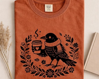Cozy Crow Coffee Shirt, Cottagecore Raven Graphic Tee, Fall Autumn Aesthetic Shirt, Vintage Nature Bird Tee, Coffee Lover Gift