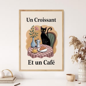French Cafe Croissant Printable Art, Retro Drink Print Poster, Bistro Coffee Poster, Un Cafe Sil Vous Plait, Kitchen Decor, Digital Download