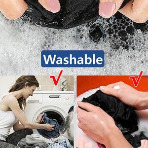 May include: A composite image showing a black fabric being hand-washed in soapy water and a front-loading washing machine in operation. The text "Washable" is displayed in a blue rectangular box above the images, accompanied by red check marks.