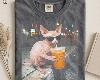 Funny Sphynx Cat Drinking Iced Coffee T-shirt