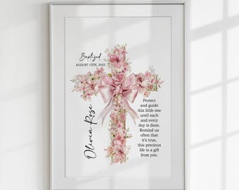 Impresión de cruz floral personalizada para bautismo de niña, arte cristiano de pared personalizado con nombre, fecha y versículos bíblicos, regalo digital para la dedicación de un bebé.