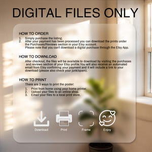 Puede incluir: Un anuncio de producto de impresi&oacute;n digital con instrucciones. El texto dice "SOLO ARCHIVOS DIGITALES" en la parte superior. Las instrucciones incluyen c&oacute;mo pedir, descargar e imprimir los archivos digitales. Tambi&eacute;n se incluyen iconos para descargar, imprimir, enmarcar y disfrutar.