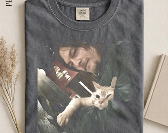 Daryl Dixon Cat Hug T-Shirt, Norman Reedus The Walking Dead Vintage Graphic Tee, Funny Meme Movie Shirt