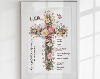 Personalized Floral Cross Baptism Print for Girl, Custom Christian Wall Art with Name, Date & Bible Verses, Baby Dedication Digital Gift