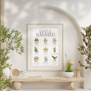 Puede incluir: Un cartel enmarcado con las palabras "Gentle Reminders" e ilustraciones de plantas en macetas. El cartel incluye afirmaciones como "Mereces ser escuchado" y "Tus sentimientos son v&aacute;lidos."