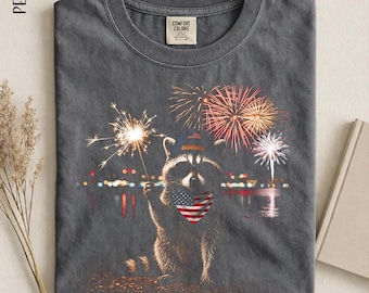 Funny Patriotic Raccoon Shirt, 4th Of July Raccoon Tee, Fireworks Animal Shirt, Independence Day Shirt, USA Party Tee
