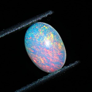 May include: An oval-shaped opal gemstone, held by a pair of black tweezers, against a black background. The opal displays a vibrant play of color, with flashes of blue, red, and yellow throughout its milky white surface.