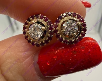 2.00ct ruby and diamond bezel screw back earring , 925 sterling silver earring