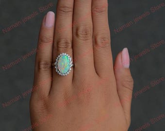 3.00ct opal and diamond casual wedding ring, 925 sterling silver ring