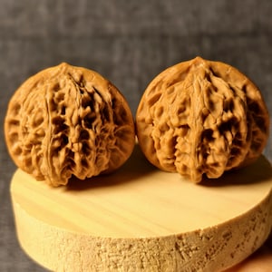 May include: Two whole walnuts with deeply textured, light brown shells. Each nut features a distinct, intricate, and rugged surface pattern with deep ridges and crevices. The walnuts are positioned side by side, showcasing their natural, organic, and symmetrical shape.
