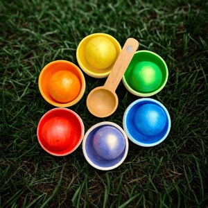 Rainbow Balls in Cups, Montessori Wooden Rainbow Color Sorting Toy for Toddlers, Preschool Color Matching