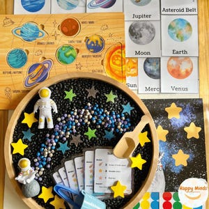 Outer Space Sensory Bin, Montessori Play, Outer Space Wooden Puzzle, Wooden Planets, Astronauts, Outer Spacer Filler