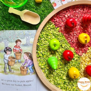 Taste-Safe Apple Picking (4 cups) Sensory Bin, Apple Sensory Bin, Fall Sensory Bin, Sensory Filler, Colored Oats, Apple Orchard Sensory Bin