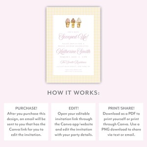 May include: A bridal shower invitation with a light yellow gingham pattern border. The invitation features the text "She's Been Scooped Up!" and details for Katherine Smith's bridal shower, including the date, time, and location. Three watercolor ice cream cones are at the top.