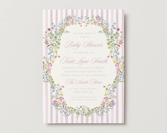 May include: Baby shower invitation with a floral wreath design. The invitation features a light purple and white striped background. The text reads "Baby Shower in Honor of Kate Lane Smith" and includes event details.