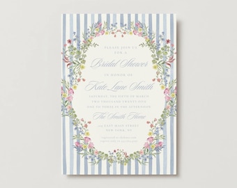 May include: Bridal shower invitation with a floral wreath design. The invitation features a light blue and white striped background. The text reads "Please join us for a Bridal Shower in honor of Kate Lane Smith."