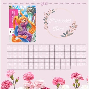 Può includere: Un tracker di pagine rosa con il testo "Disney Coloriages Mysteres Page Tracker" e "Princesses Tome 2". Presenta una copertina di libro con un'illustrazione di principessa e un bordo floreale. Include una griglia numerata.