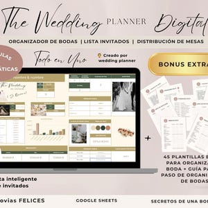 Puede incluir: Un planificador de bodas digital en una pantalla de portátil con hojas de cálculo, gráficos y tablas para listas de invitados, presupuesto y distribución de mesas. Incluye 45 plantillas en PDF y una guía paso a paso para organizar una boda.