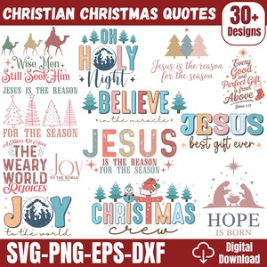 以下が含まれることがあります： カラフルなヴィンテージスタイルのキリスト教のクリスマス引用句が特徴のデジタルダウンロード。 「ああ、ホーリーナイト」、「信じる」、「イエスは季節の理由です」などのフレーズが含まれています。画像には、クリスマスツリー、ラクダ、降誕シーンのイラストも含まれています。