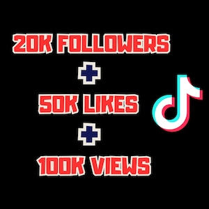 May include: Black background with red and white text that reads "20K FOLLOWERS + 50K LIKES + 100K VIEWS". A TikTok logo is in the bottom right corner.