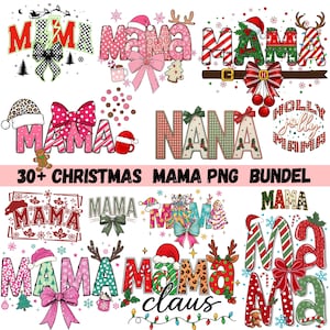 Op de afbeelding: Een verzameling digitale ontwerpen met kerstthema's met het woord "MAMA" in verschillende feestelijke stijlen. Ontwerpen omvatten strikken, kerstmutsen, rendiergeweien en peperkoekmannen. De tekst "30+ CHRISTMAS MAMA PNG BUNDEL" is ook aanwezig.